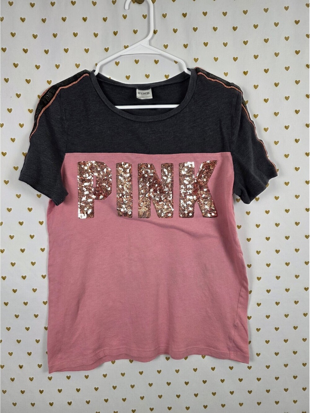 Victorias Secret PINK Rose Gold Bling sequined Tee shirt medium